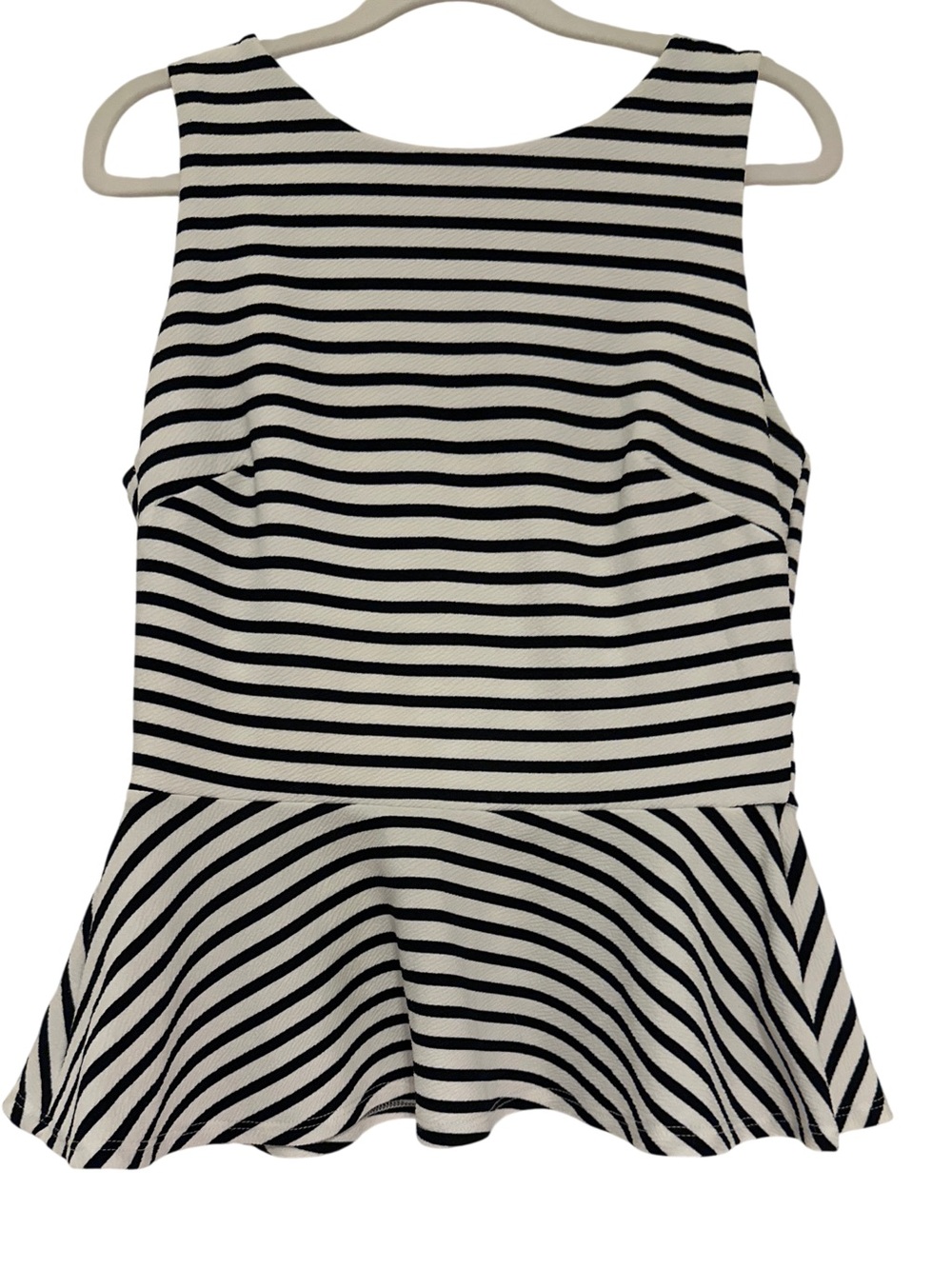 Sleeveless Black and White Striped Peplum Top, Back Zipper, M